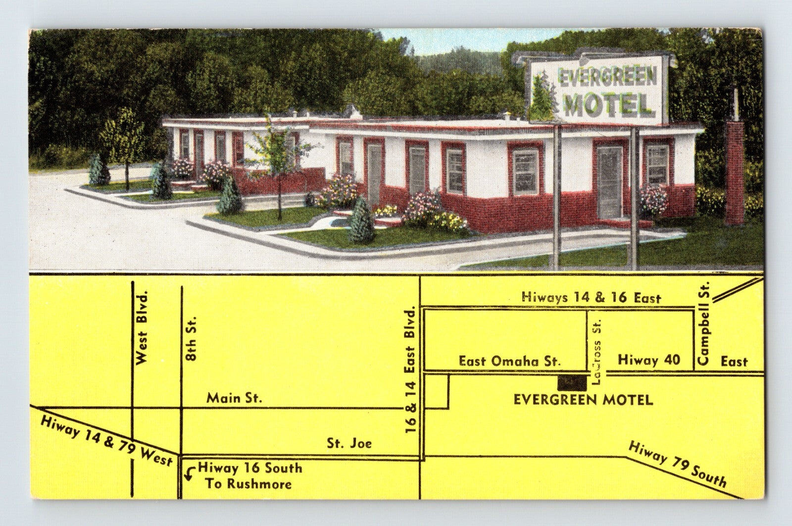 Rapid City South Dakota Evergreen Motel 1940s linen postcard showing roadside motor court and location map