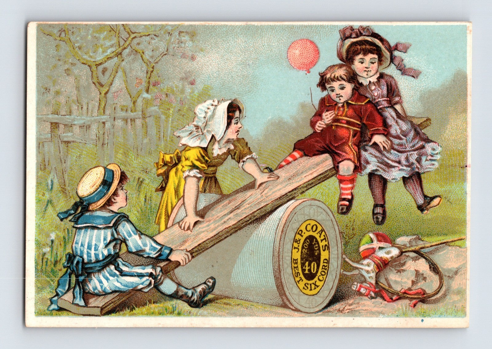 J and P Coats children seesaw spool thread Victorian trade card playground scene
