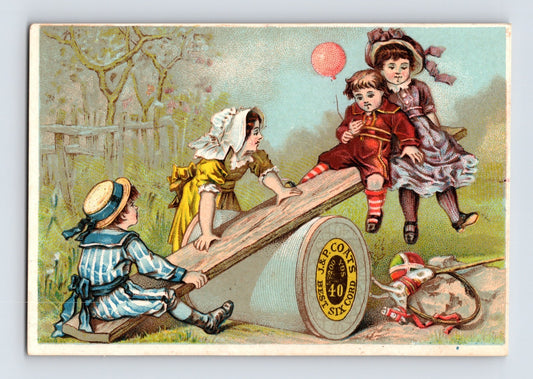 J and P Coats children seesaw spool thread Victorian trade card playground scene
