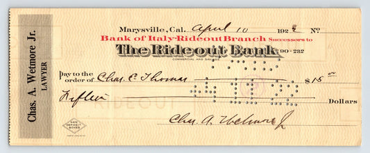 Marysville California 1922 Rideout Bank money order check with embossed paper punch markings and handwritten signatures