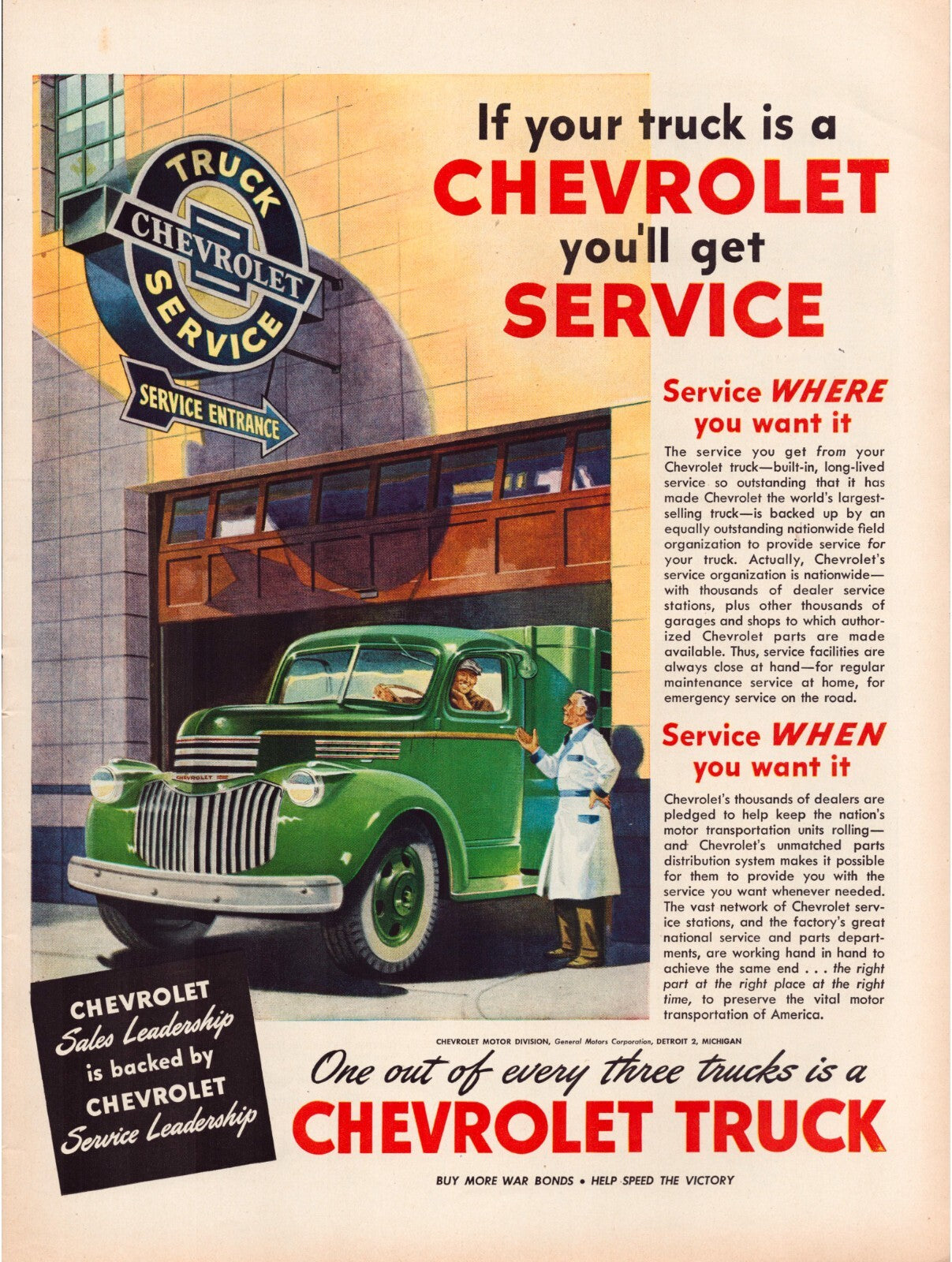 1945 Chevrolet truck service advertisement green Chevy pickup dealership service entrance illustration