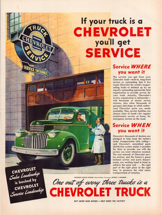 1945 Chevrolet truck service advertisement green Chevy pickup dealership service entrance illustration