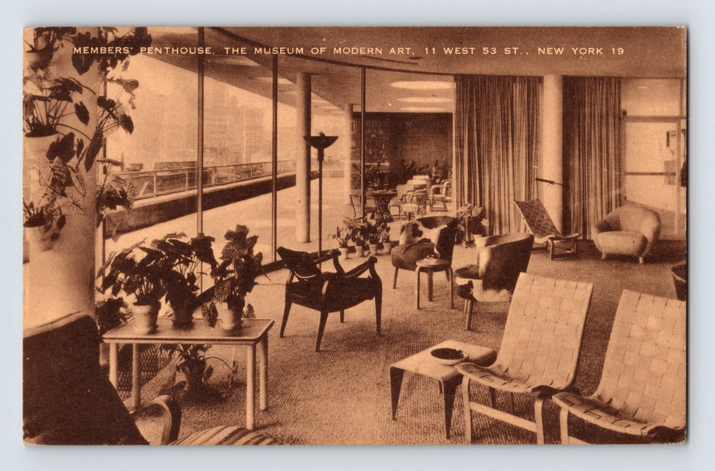 Museum of Modern Art Members Penthouse interior New York City, mid-century lounge seating and glass wall overlooking skyline, 1940s sepia postcard