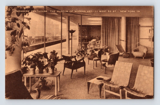 Museum of Modern Art Members Penthouse interior New York City, mid-century lounge seating and glass wall overlooking skyline, 1940s sepia postcard