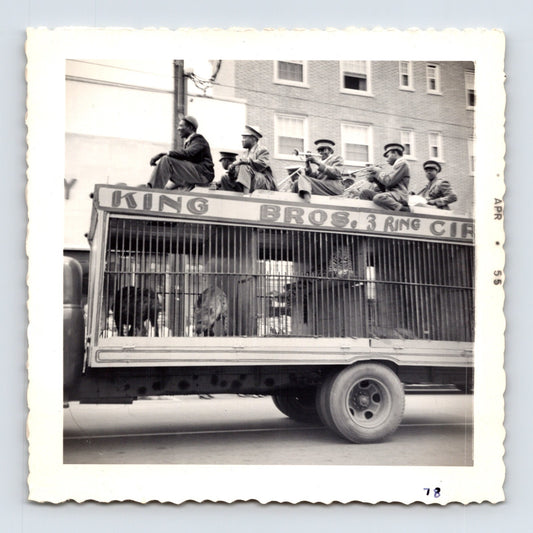 1955 Cole Bros Circus band wagon snapshot photograph showing musicians riding above animal cages during a downtown Decatur GA circus parade