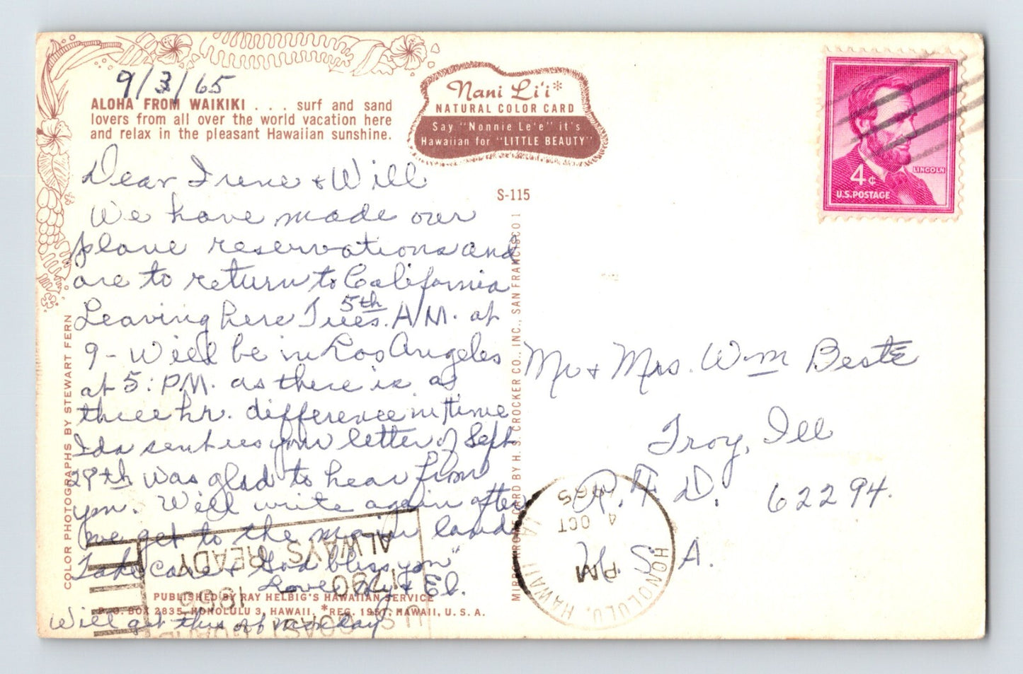 Honolulu Hawaii Waikiki Surfing Aloha Banner 1960s Postcard Posted Chrome