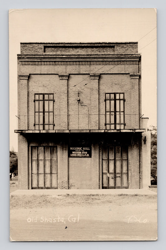 Mount Shasta California Masonic Hall Lodge Number 2 building 1942 RPPC postcard