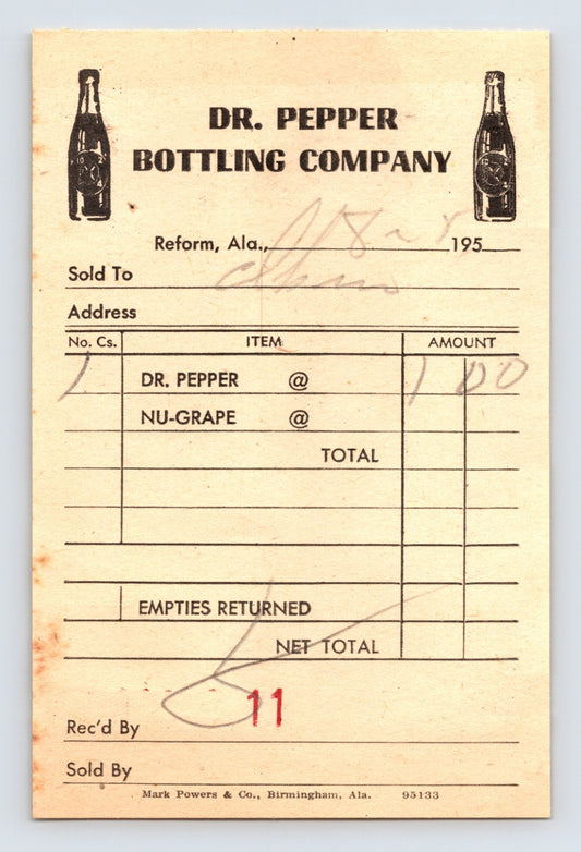 1950s Dr Pepper Bottling Company billhead from Reform Alabama listing soda items including Dr Pepper and Nu-Grape with handwritten amount and receipt marking