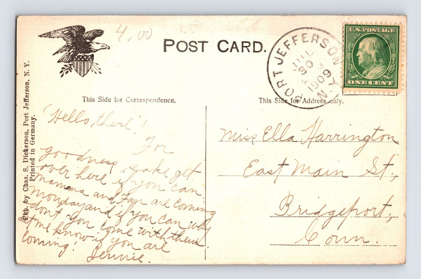 Port Jefferson New York Long Island Belle Terre 1909 Postcard Posted Divided