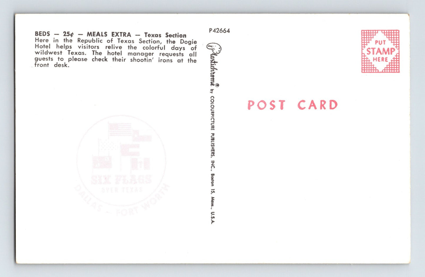Dallas Fort Worth Texas Six Flags Dogie Hotel 1960s Postcard Unposted Chrome