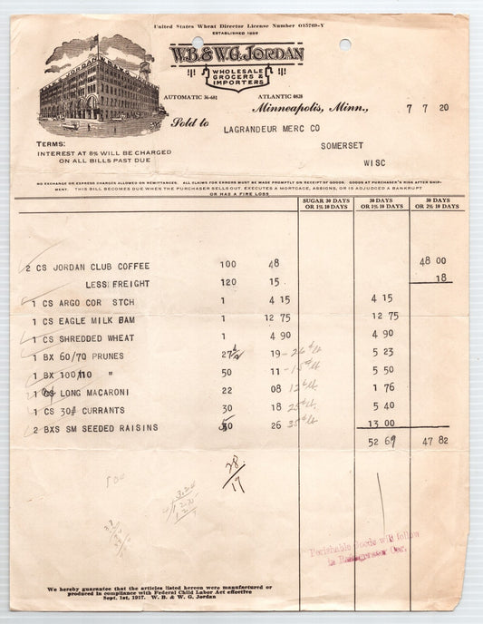 Minneapolis Minnesota 1920 W G Jordan Grocery Billhead Invoice 8 x 11