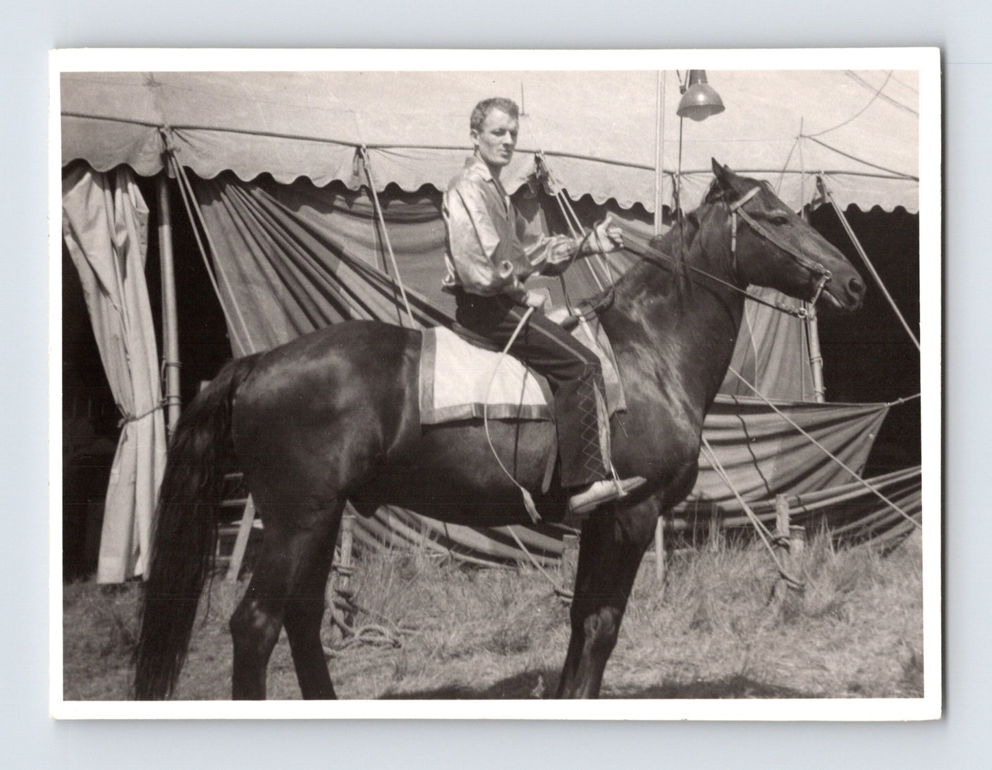 Mills Bros Circus 1940s performer seated on horse beside circus tent photograph