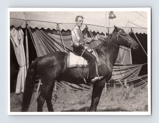 Mills Bros Circus 1940s performer seated on horse beside circus tent photograph