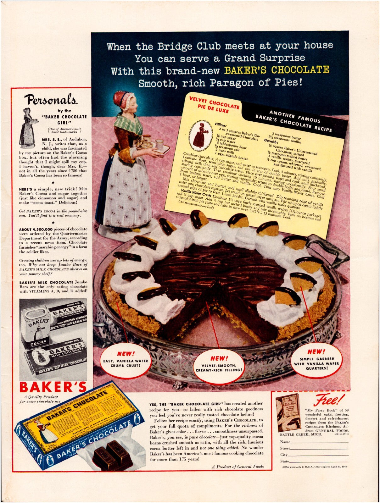 Bakers Chocolate 1941 velvet pie recipe advertisement dessert pie whipped topping vintage print ad