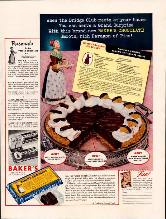 Bakers Chocolate 1941 velvet pie recipe advertisement dessert pie whipped topping vintage print ad