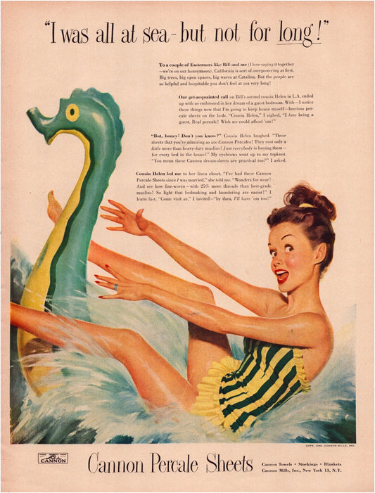 Cannon Percale sheets 1948 print ad pin up woman sea monster inflatable water scene