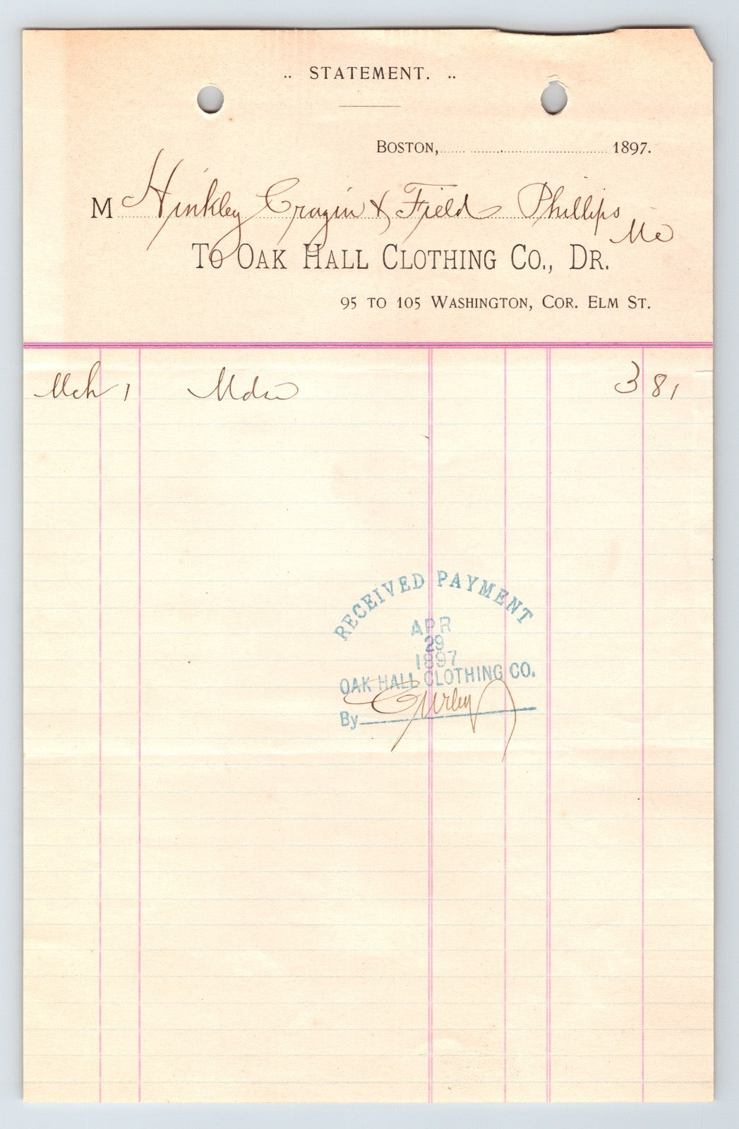 Boston Massachusetts Oak Hall Clothing 1897 billhead ledger entry with handwritten March notation and received payment stamp on ruled paper
