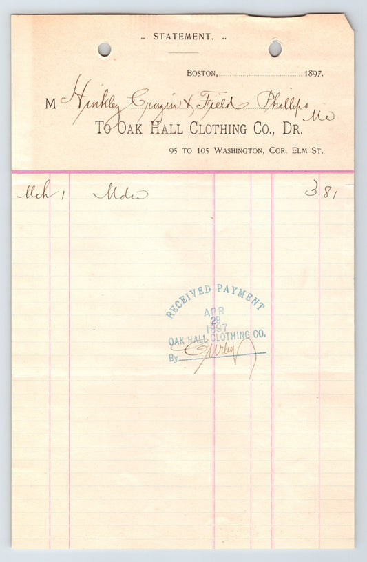 Boston Massachusetts Oak Hall Clothing 1897 billhead ledger entry with handwritten March notation and received payment stamp on ruled paper