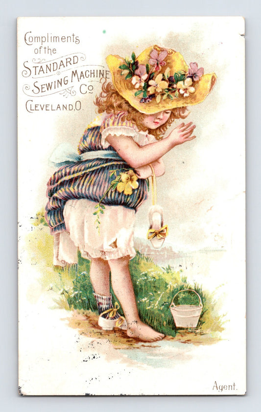 Standard Sewing Machine Victorian girl trade card floral hat Cleveland Ohio E C Adriance Poughkeepsie New York