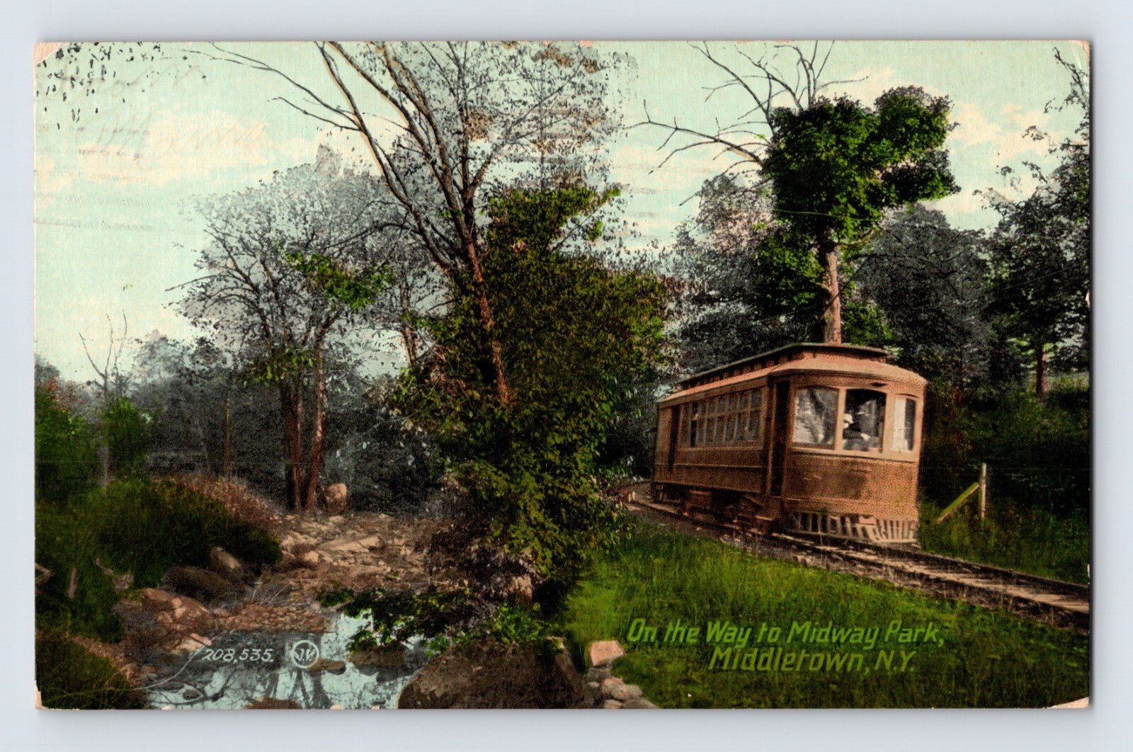 Middletown New York streetcar trolley Midway Park wooded track early 1900s color postcard posted