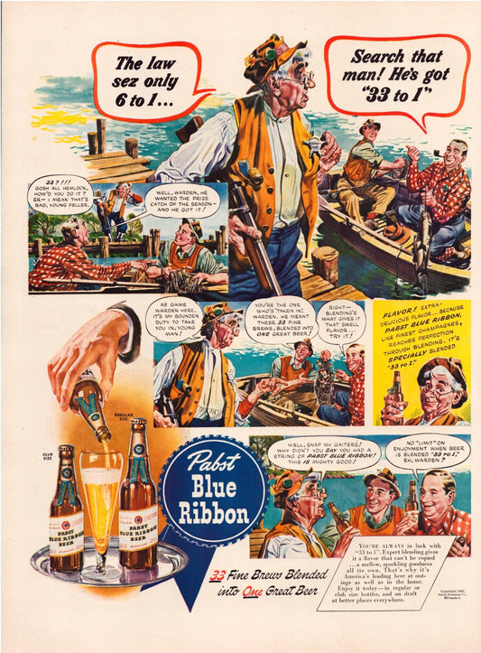 Pabst Blue Ribbon beer 1942 fishing scene comic style print advertisement