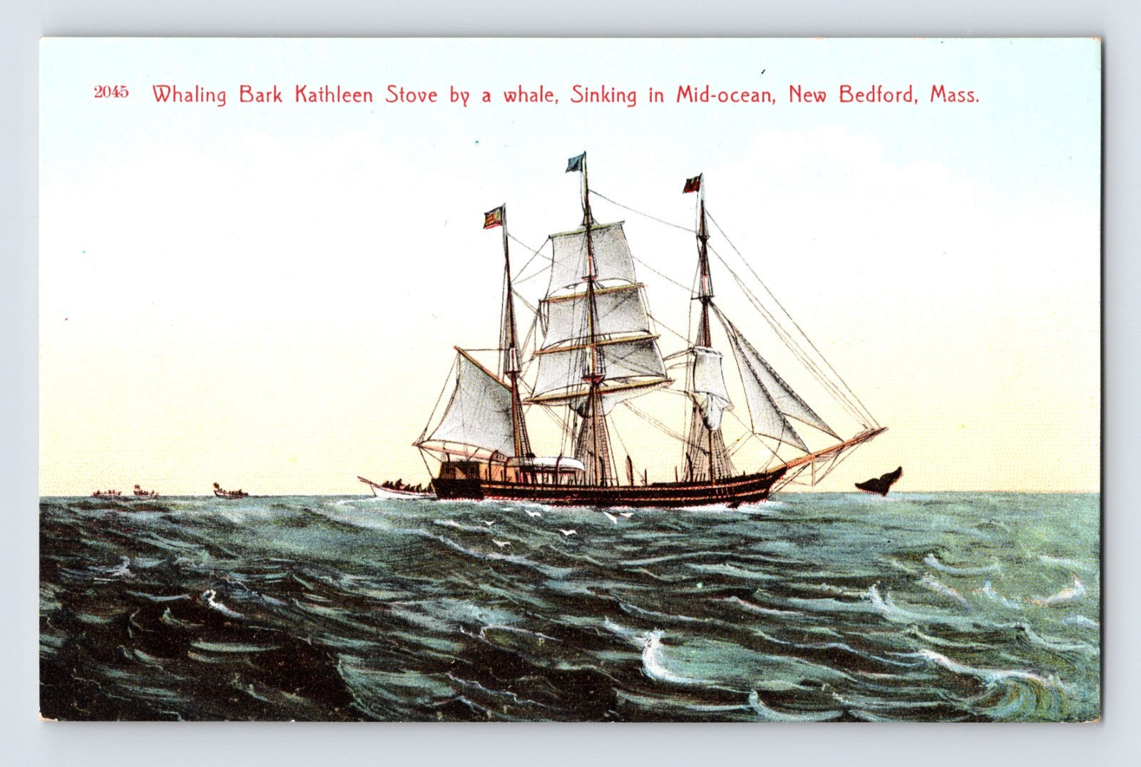 Vintage illustration of a whaling ship in the ocean with text about a whale encounter.