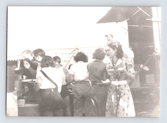 Barnes Sells Floto Circus performers eating meal beside cook wagon 1940s circus lot photograph