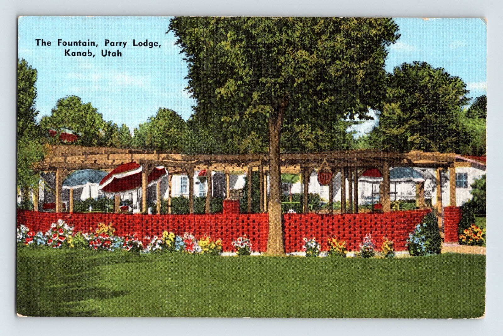 Kanab Utah Parry Lodge fountain garden pergola red lattice flowers 1940s linen postcard motel courtyard landscaping