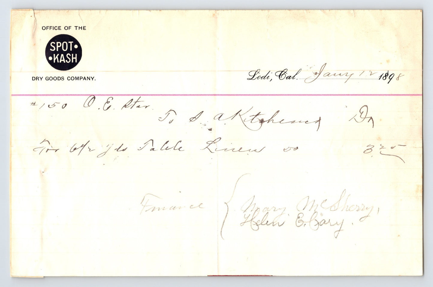 1898 Lodi California Spot Kash Dry Goods Company billhead featuring handwritten merchandise transaction details and early retail business stationery formatting.