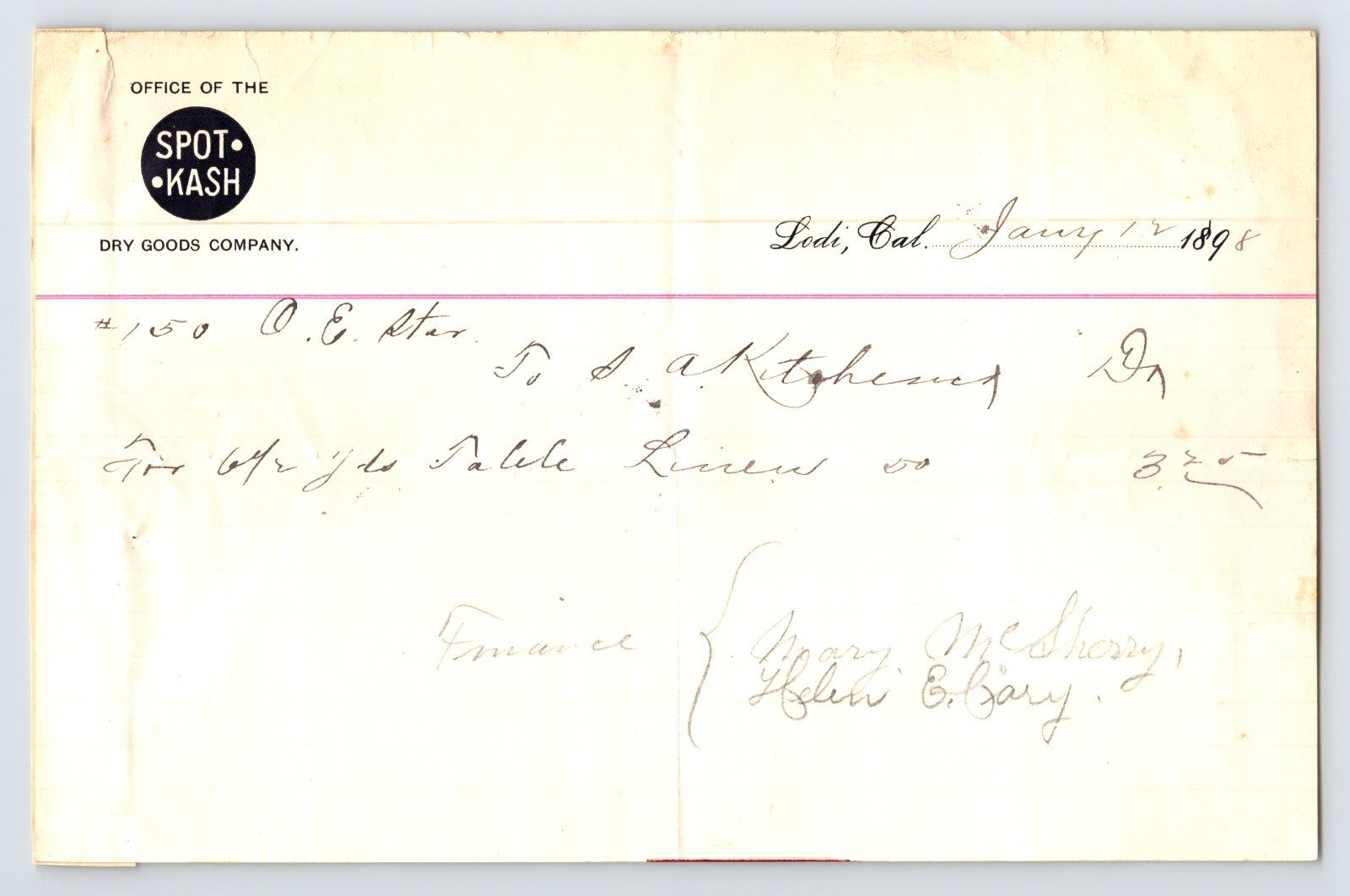 1898 Lodi California Spot Kash Dry Goods Company billhead featuring handwritten merchandise transaction details and early retail business stationery formatting.