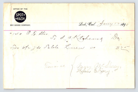 1898 Lodi California Spot Kash Dry Goods Company billhead featuring handwritten merchandise transaction details and early retail business stationery formatting.
