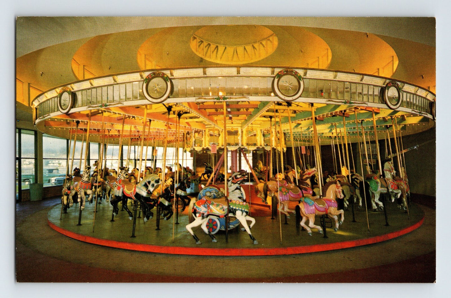Santa Cruz California Beach Boardwalk merry go round carousel amusement ride interior view postcard 1970s