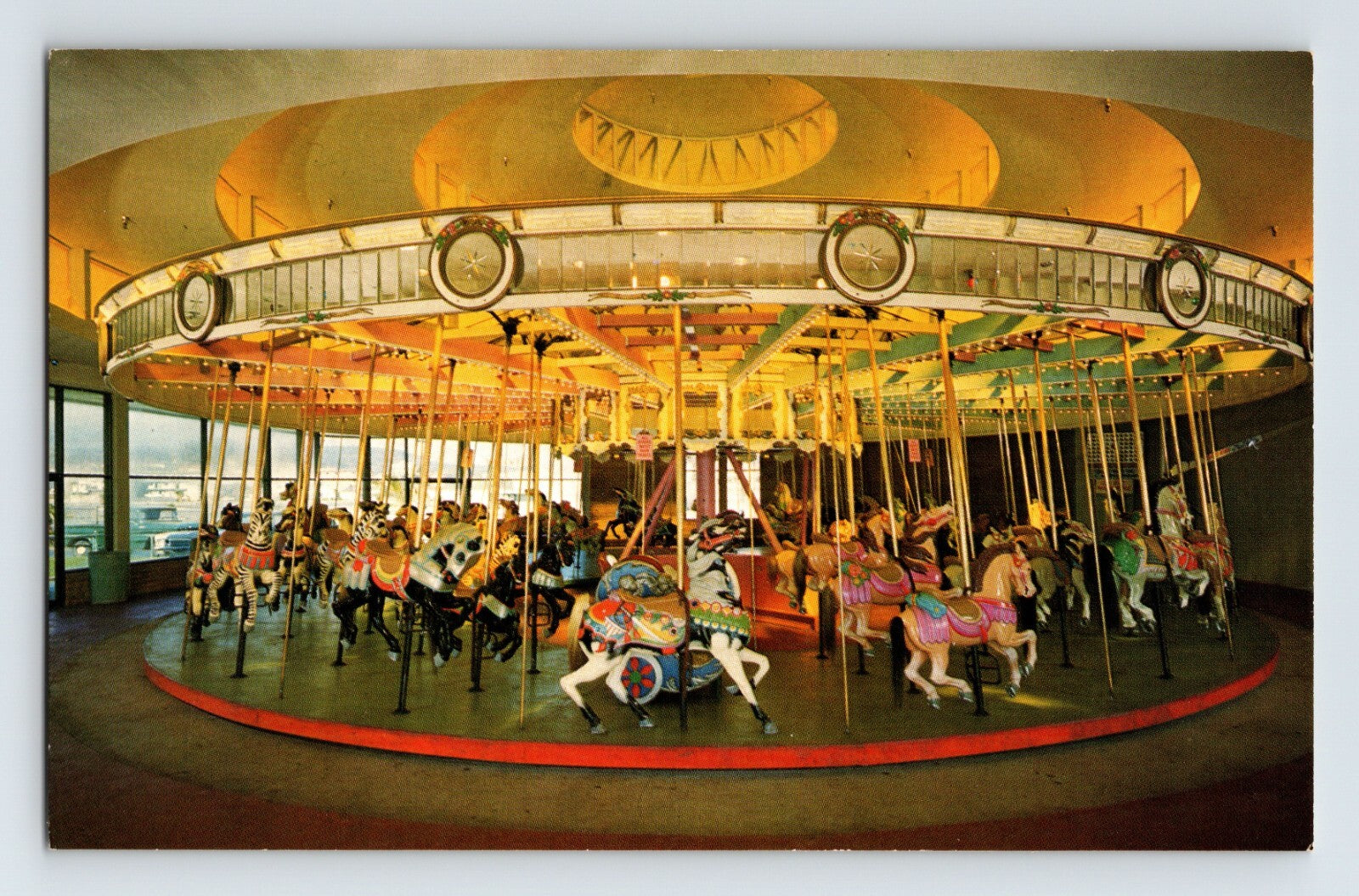 Santa Cruz California Beach Boardwalk merry go round carousel amusement ride interior view postcard 1970s