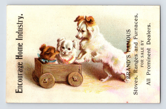 Brand Stove Company Edison Range trade card puppies wagon illustration Milwaukee Wisconsin