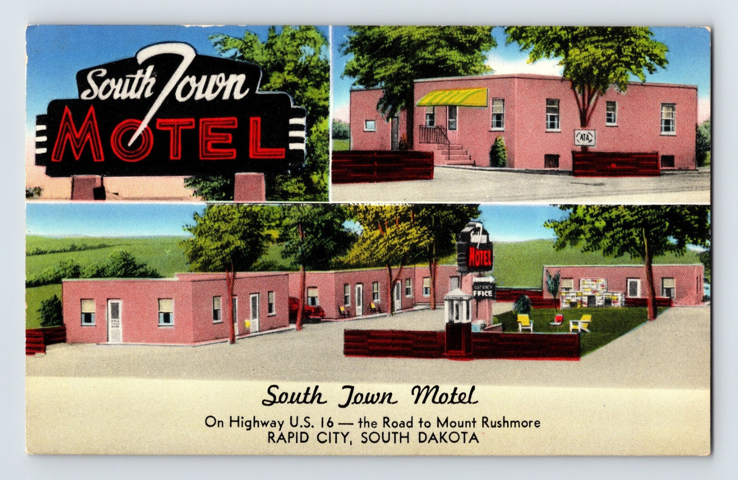 Rapid City South Dakota South Town Motel neon sign cabins courtyard 1950s chrome postcard