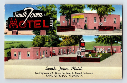 Rapid City South Dakota South Town Motel neon sign cabins courtyard 1950s chrome postcard