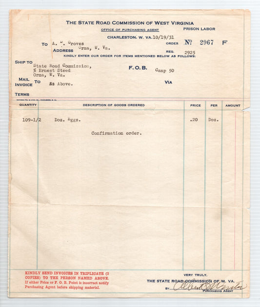 Charleston West Virginia 1931 State Road Commission Prison Labor Billhead 9 x 11