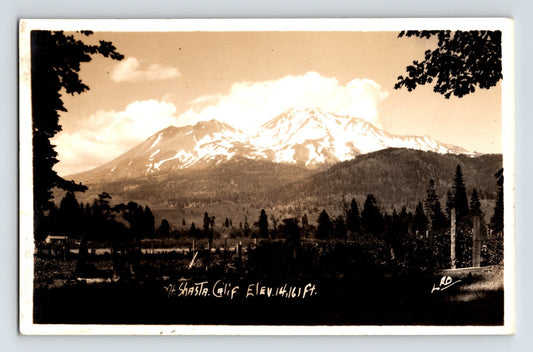 Mount Shasta California snow capped peak forest foreground clouds photo 1940s postcard