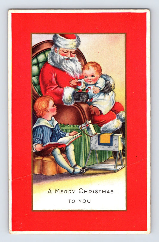 Christmas Santa Children Rocking Horse Whitney Made 1920s Postcard Unposted