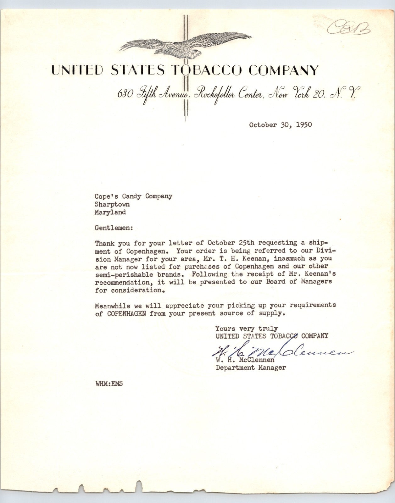 United States Tobacco Company New York City 1950 letterhead corporate correspondence Copenhagen brand 8.5 x 11