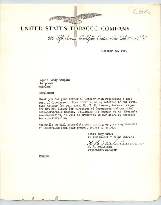 United States Tobacco Company New York City 1950 letterhead corporate correspondence Copenhagen brand 8.5 x 11