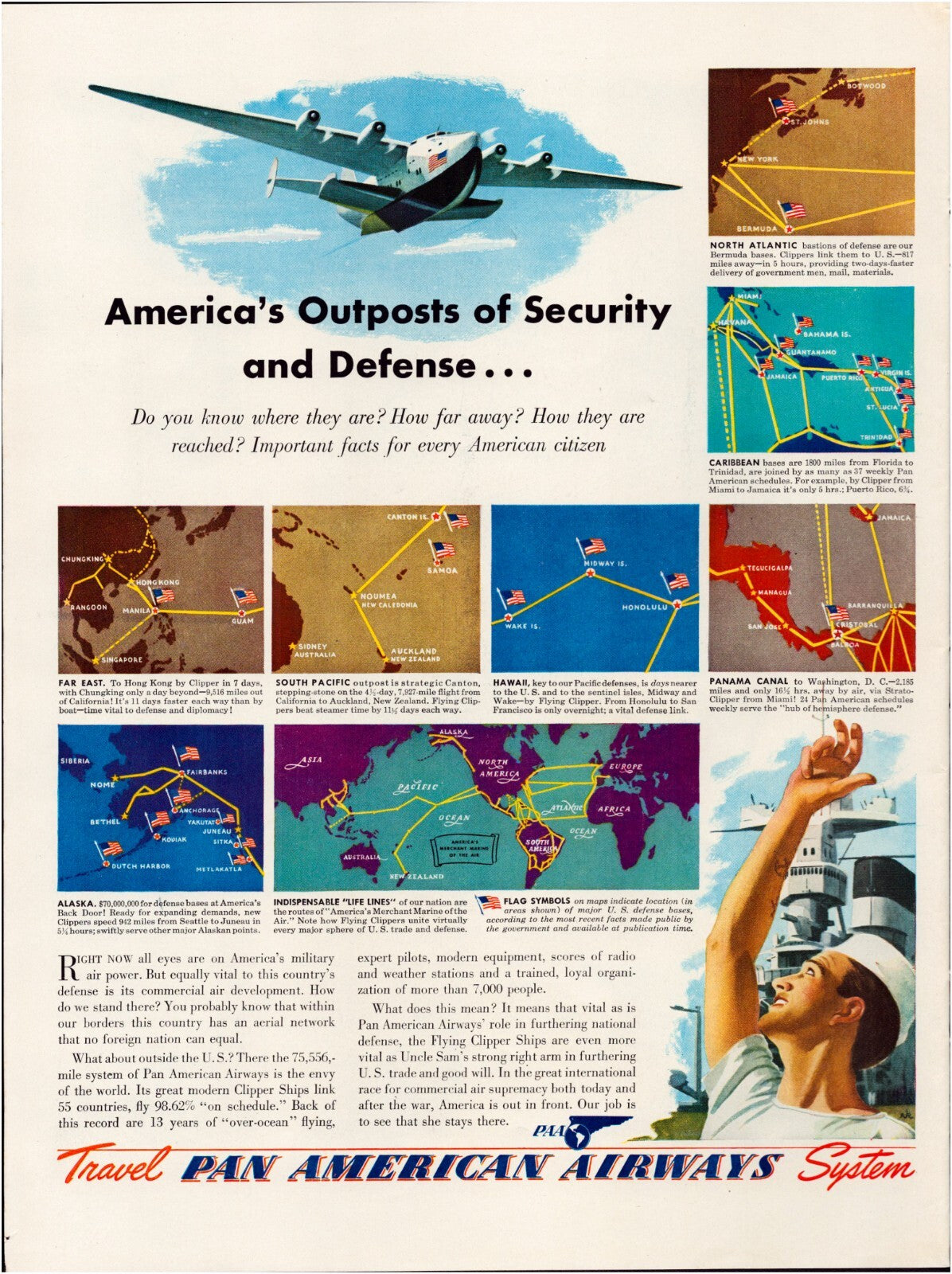 Pan American Airways 1941 global routes print ad showing world maps, flight paths, and flying boat aircraft illustration