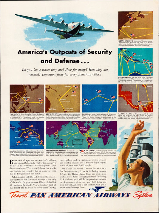 Pan American Airways 1941 global routes print ad showing world maps, flight paths, and flying boat aircraft illustration