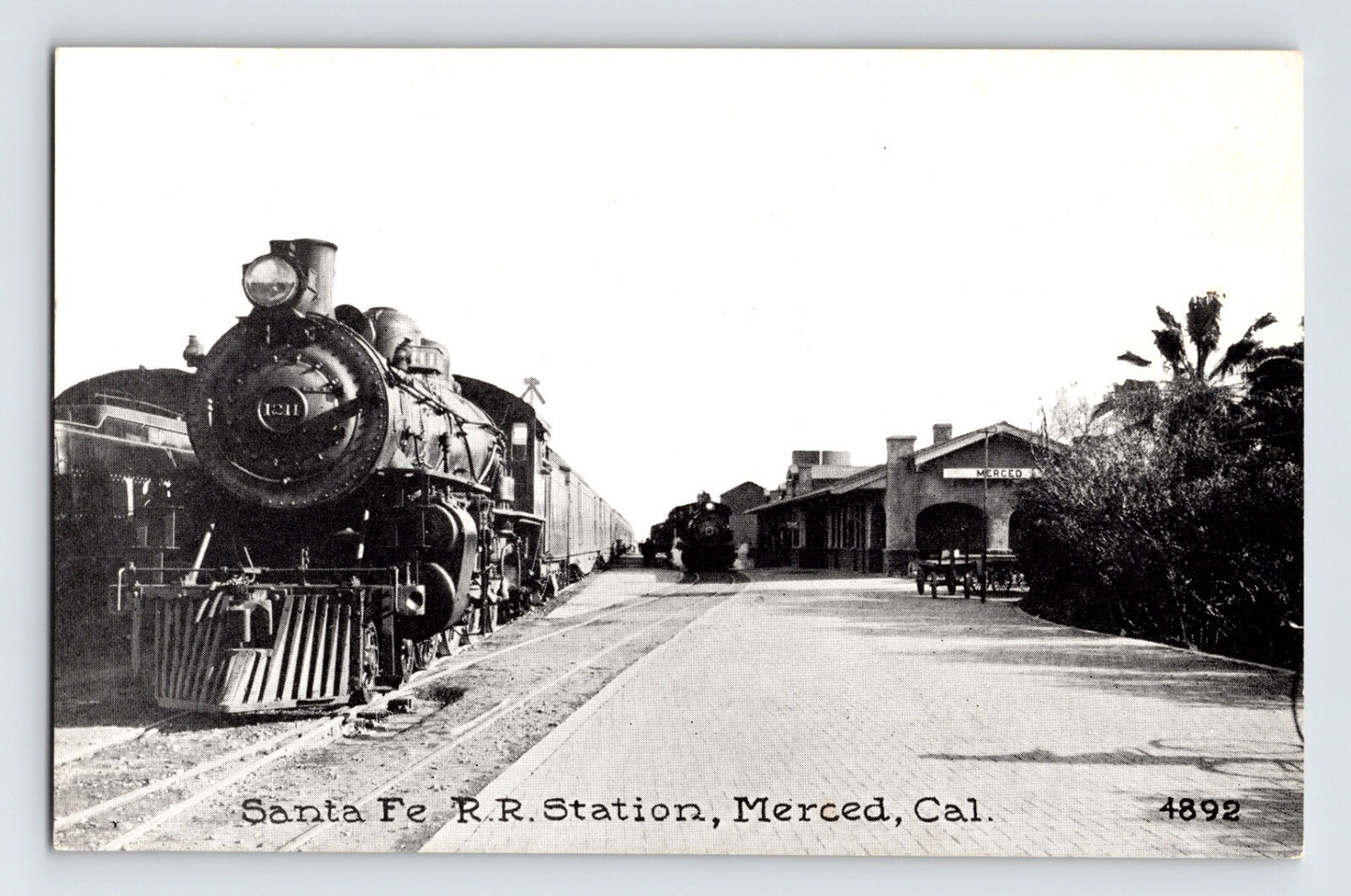 Santa Fe Railroad Station Merced California steam locomotive at depot platform 1910s postcard
