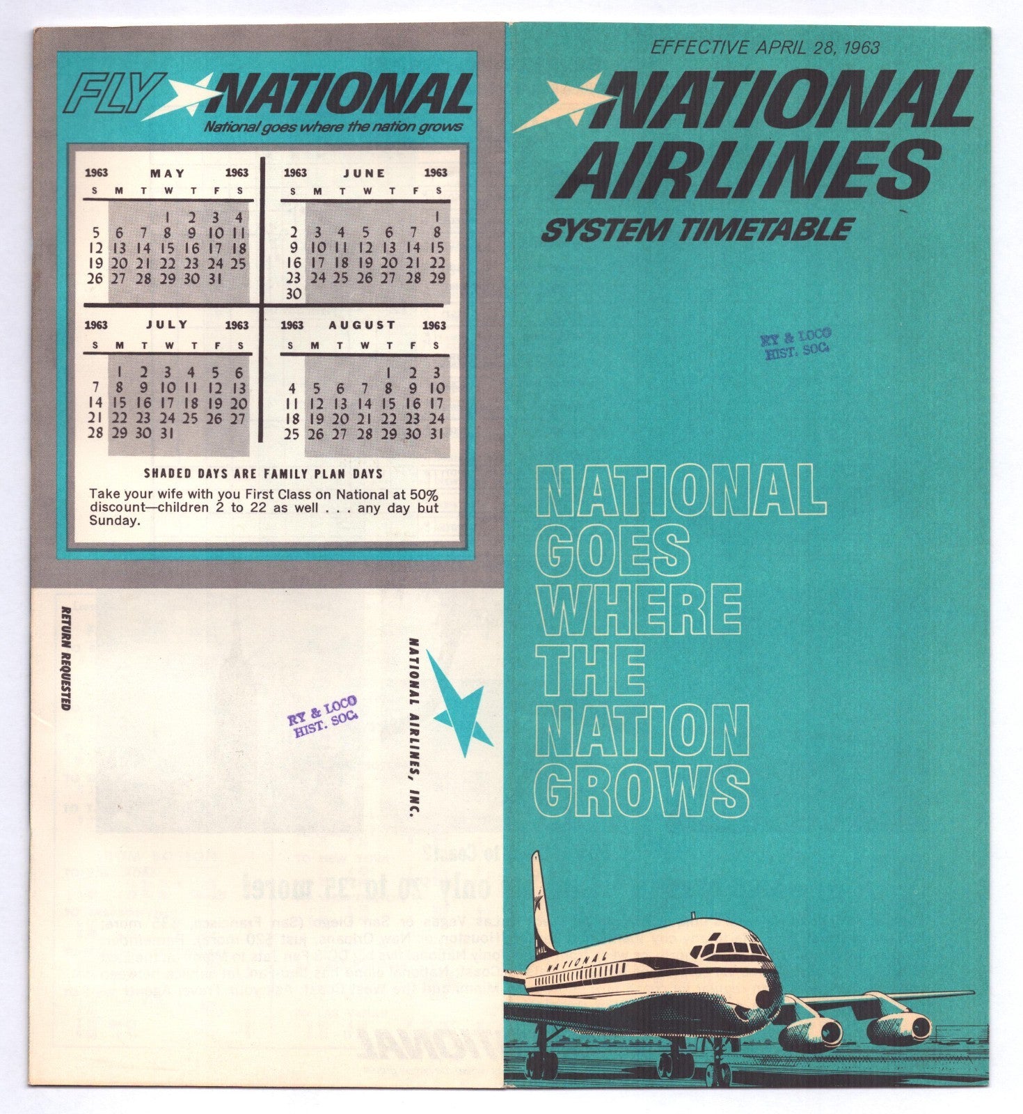 1963 National Airlines system timetable booklet cover in teal and gray with jet aircraft illustration and slogan National Goes Where the Nation Grows.