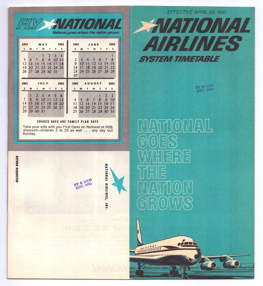 1963 National Airlines system timetable booklet cover in teal and gray with jet aircraft illustration and slogan National Goes Where the Nation Grows.