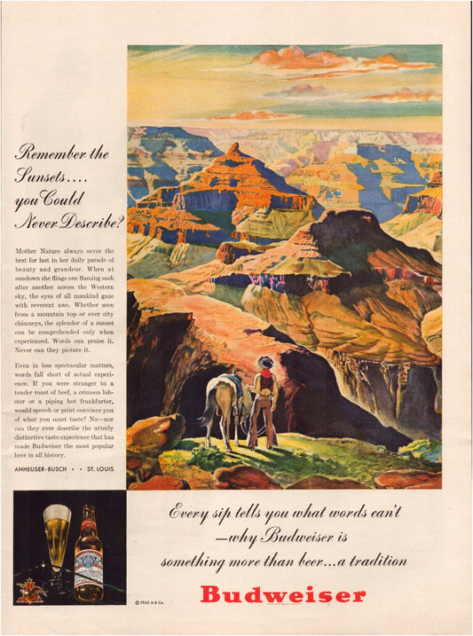 Budweiser 1945 Grand Canyon illustration beer print ad Anheuser Busch vintage