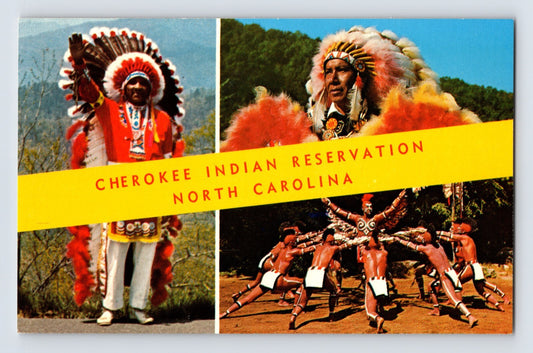 Cherokee North Carolina Indian Reservation dancers headdress banner 1960s postcard