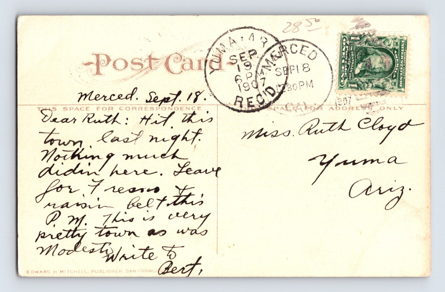 Merced California Southern Pacific Depot Park 1907 Postcard Posted