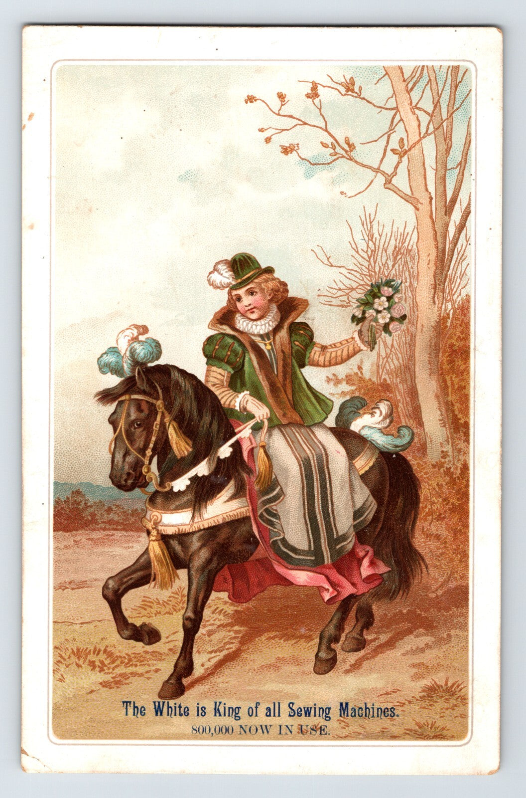 Victorian trade card for White Sewing Machines showing a woman riding side saddle on a horse while holding flowers in a pastoral scene.